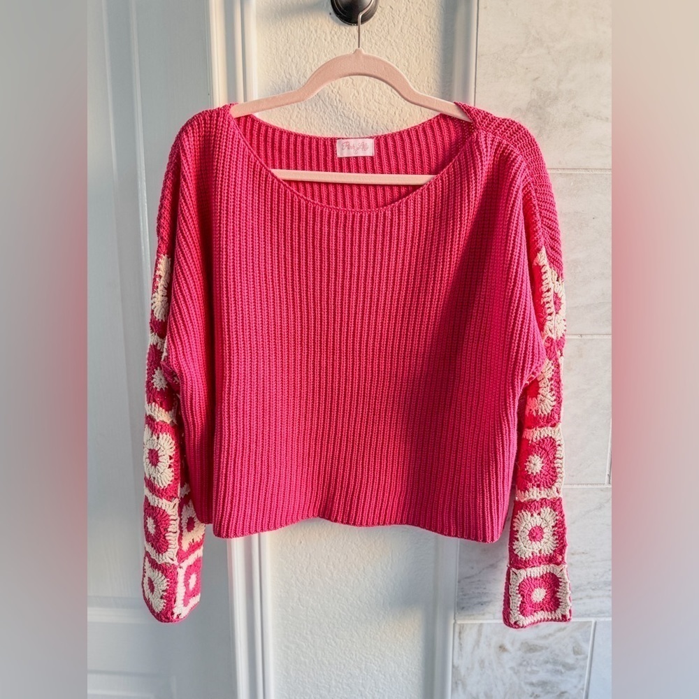 Pink Lily Fuchsia Crewneck Sweater with Crochet-Pattern Balloon Sleeves - Picture 4 of 16